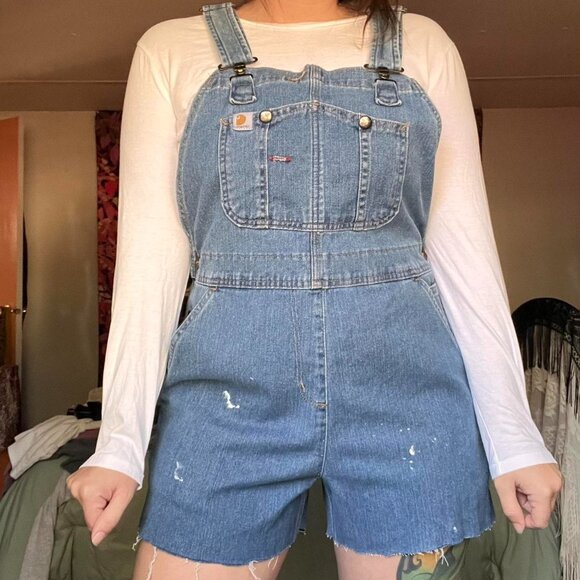 Carhartt blue denim distressed overalls - Picture 1 of 8